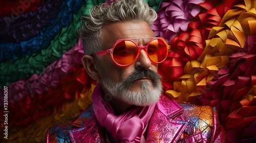 Mature LGBTQ man with silver hair posing confidently with a vibrant pink and orange feather boa and orange sunglasses.
