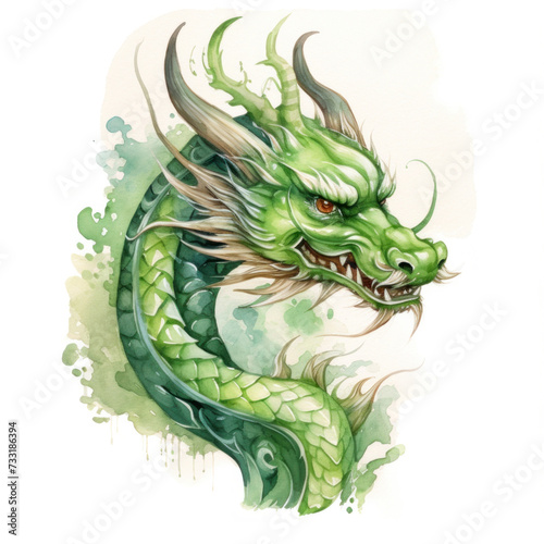 Green wooden dragon symbol 2024. Chinese new year 2024 year of the green wood dragon. Watercolor.