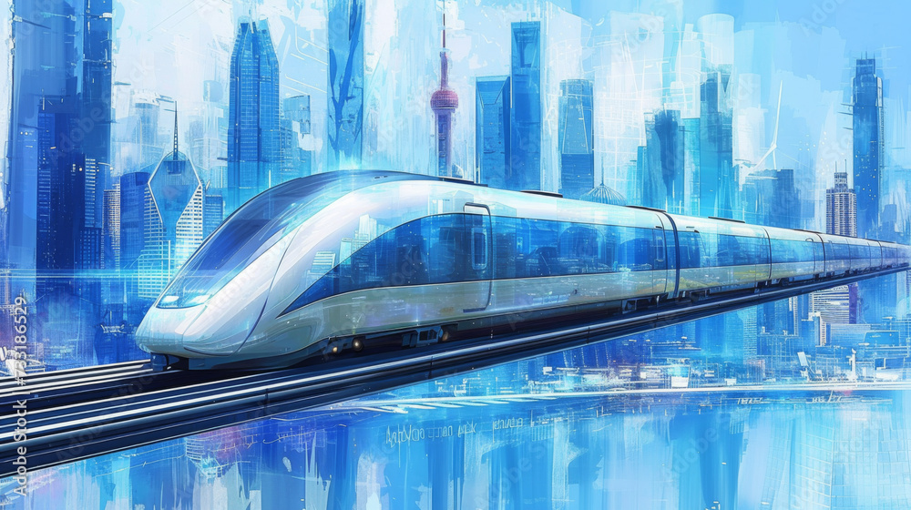 Abstract futuristic train and new city. Abstract futuristic train and new city.