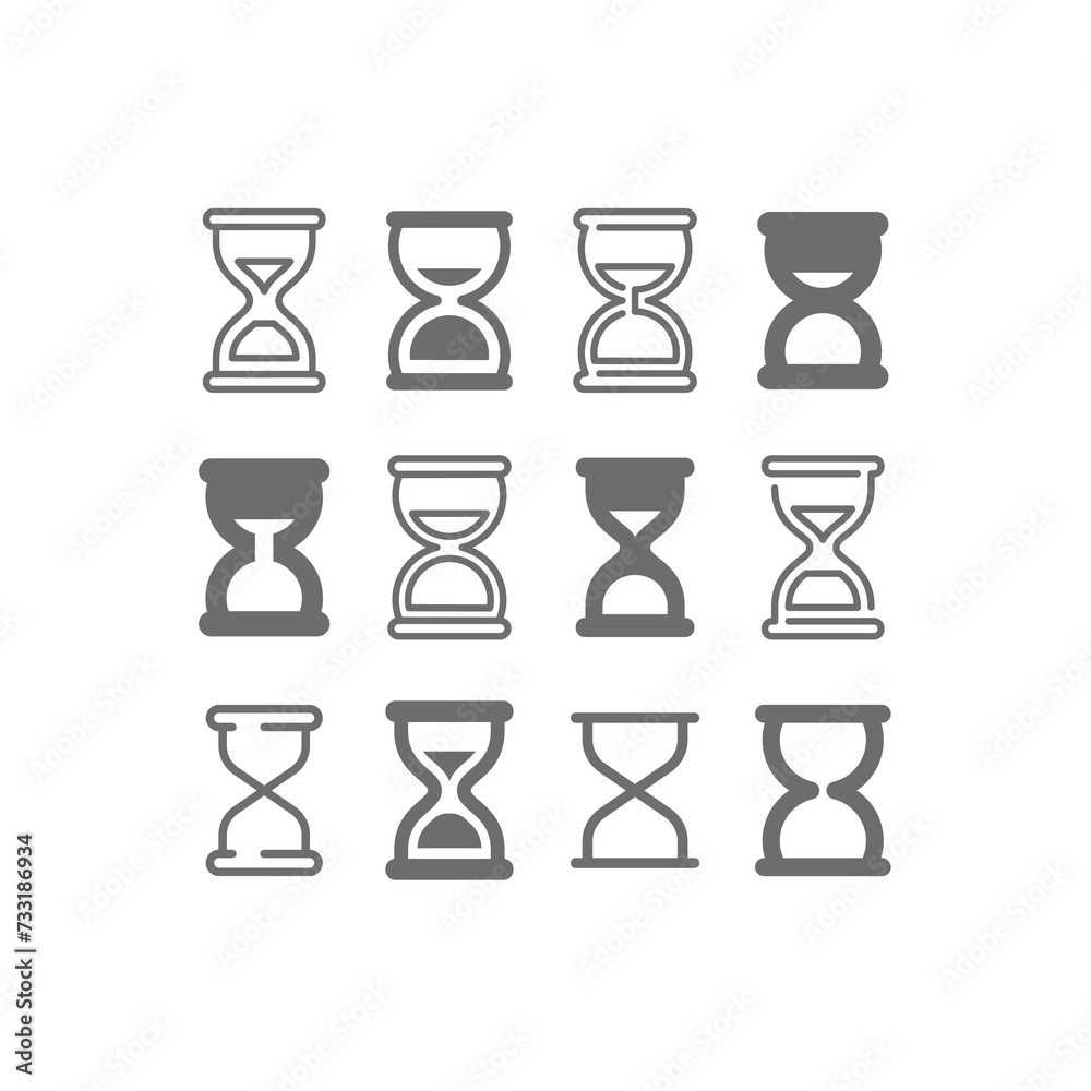 Sandglass or hourglass vector icon set. Sand clock or glass, glyph and line icons, editable stroke. Sandglass or hourglass vector icon set. Sand clock or glass, glyph and line icons, editable stroke.