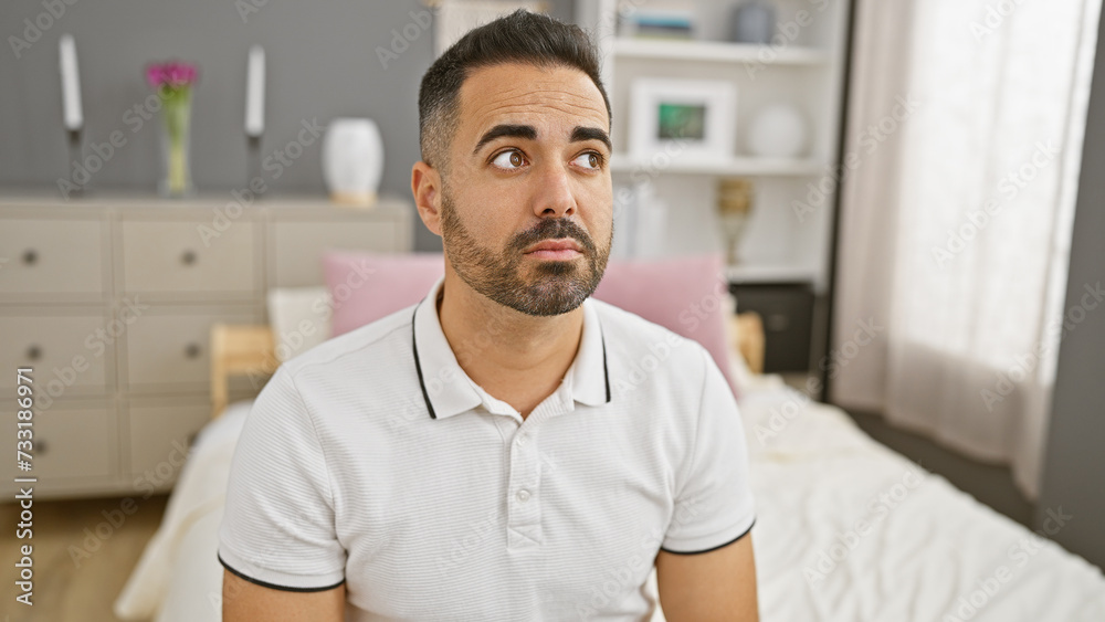 Pensive hispanic man with beard sitting in a modern bedroom with neutral tones Pensive hispanic man with beard sitting in a modern bedroom with neutral tones