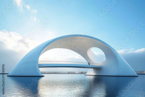 A bridge over water with blue sky around it.