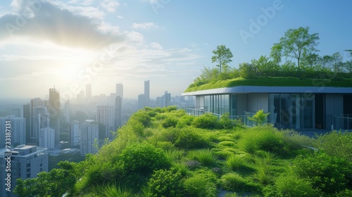 Rooftop gardens atop eco-friendly buildings, promoting energy-efficient urban...