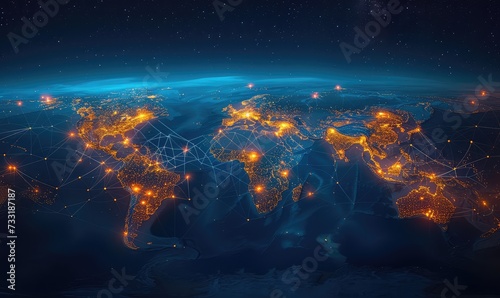 a screen with a digital map of the world with network connections between nations representing international trading, color palette of blue and yellow