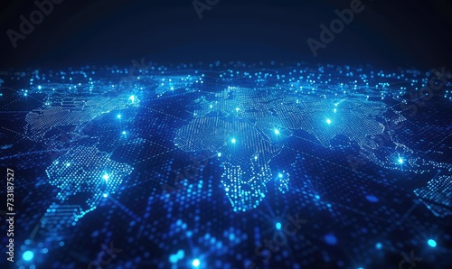 abstract design of network technology world map, in the style of motion blur panorama, flat backgrounds, luminous seascapes,dark sky blue and dark black