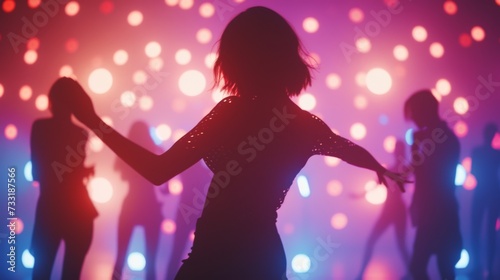 Silhouettes of people dancing against a backdrop of pulsating nightclub lights