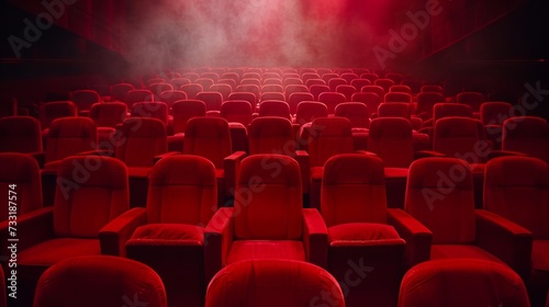 Red velvet theater seats bathed in soft light, inviting viewers to immerse th...