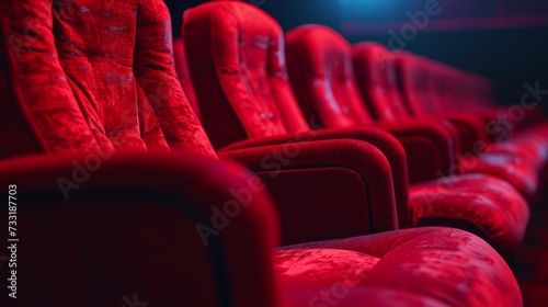 Red velvet theater seats bathed in soft light, inviting viewers to immerse th...