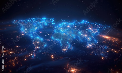 abstract design of network technology world map, in the style of motion blur panorama, flat backgrounds, luminous seascapes,dark sky blue and dark black