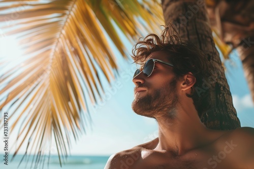 Attractive young man posing on the beach under palm trees. Summer time © Alina