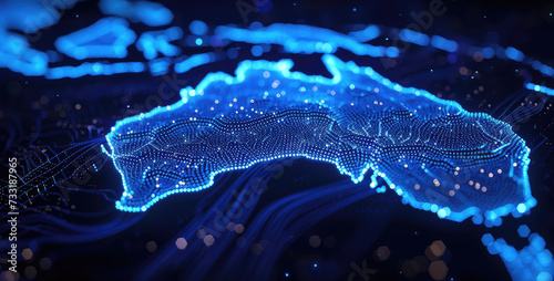 an abstract image representing the map of Australia in a high-tech data flow theme in bright blue colour, navy blue background, artificial intelligence, binary, futuristic, monochromatic