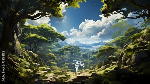 A top view of a tranquil forest with tall trees and dappled sunlight, with blue skies and fluffy clouds peeking through the canopy, creating a serene and magical atmosphere