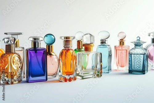Different bottles of colorful perfume bottles on white background