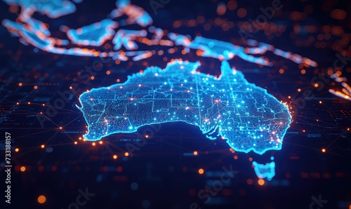 an abstract image representing the map of Australia in a high-tech data flow theme in bright blue colour, navy blue background, artificial intelligence, binary, futuristic, monochromatic