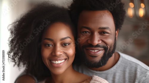 A happy Black couple, eyes gleaming with love, radiating joy and warmth towar...