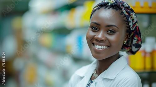 The young pharmacist beams with confidence, her smile illuminating the frame ...