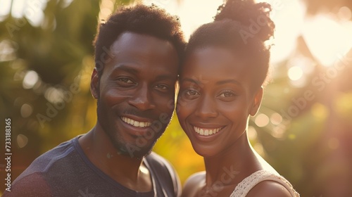 A happy Black couple, eyes gleaming with love, radiating joy and warmth towar...