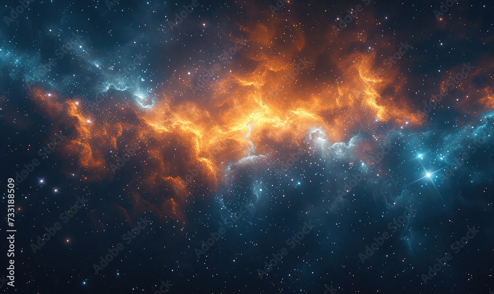 stars over a nebula, in the style of technological sense, azure and amber, light amber and sky-blue, rollerwave, light crimson, iconic, cyberpunk - obrazy, fototapety, plakaty 