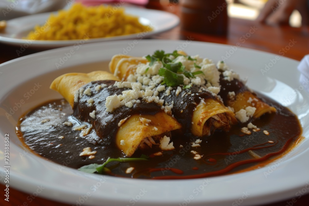 mexican chicken enmoladas de encacahuatado, or mole poblano enchiladas
