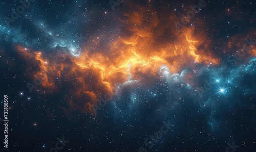 stars over a nebula, in the style of technological sense, azure and amber, light amber and sky-blue, rollerwave, light crimson, iconic, cyberpunk photo