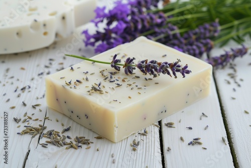 Natural soap bars with lavender flowers on wooden background