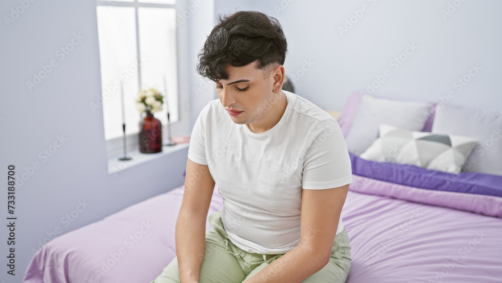 A pensive young man sits in a modern bedroom with minimalist decor, reflecting an ambiance of contemplation and solitude. A pensive young man sits in a modern bedroom with minimalist decor, reflecting an ambiance of contemplation and solitude.