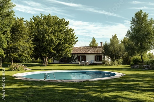 Back house yard with green grass, nice landscaping and swimming pool © Alina