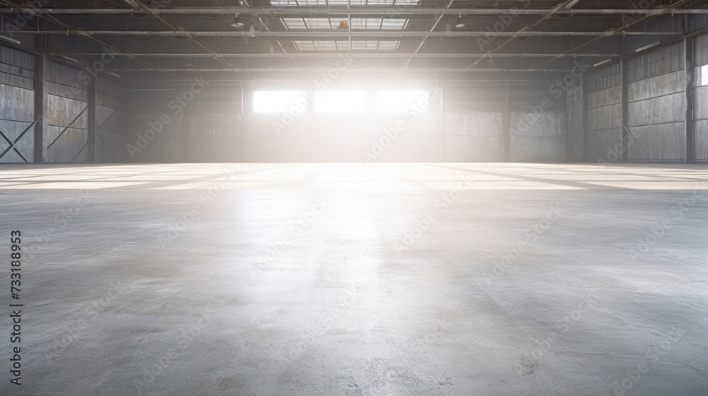 Concrete floor inside industrial building. Use as large factory, warehouse, storehouse, hangar or plant.