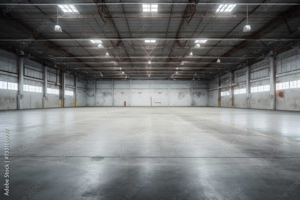 Concrete floor inside industrial building. Use as large factory, warehouse, storehouse, hangar or plant.