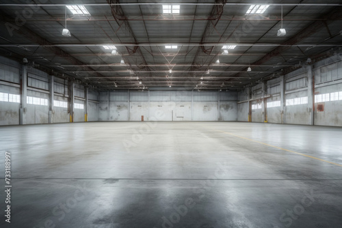 Concrete floor inside industrial building. Use as large factory, warehouse, storehouse, hangar or plant.