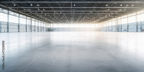 Concrete floor inside industrial building. Use as large factory, warehouse, storehouse, hangar or plant.