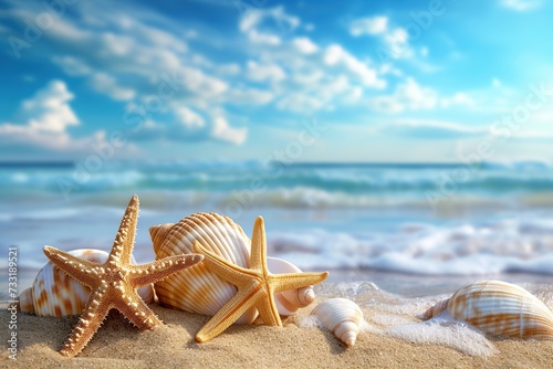 Seashells and starfish on sandy beach on ocean background