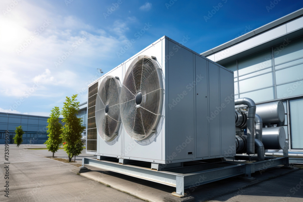 Condenser unit or compressor outside factory plant. Unit of ac air conditioner, heating ventilation or hvac air conditioning system. Condenser unit or compressor outside factory plant. Unit of ac air conditioner, heating ventilation or hvac air conditioning system.