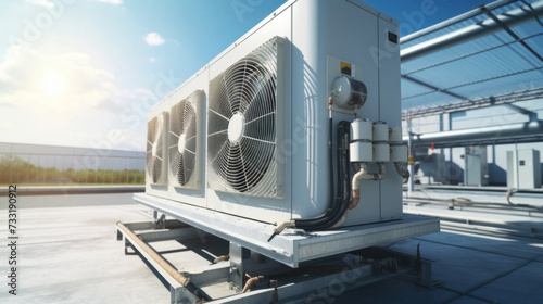 Condenser unit or compressor outside factory plant. Unit of ac air conditioner, heating ventilation or hvac air conditioning system. photo