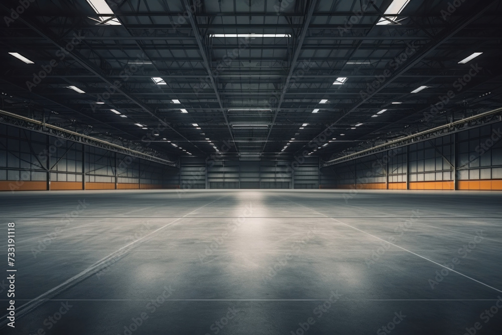 Empty floor, interior of industrial, commercial building. Construction by metal, steel, concrete. Modern factory, warehouse, hangar for backgroud.