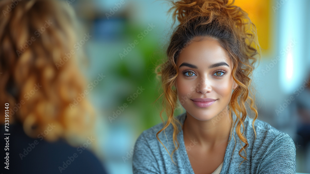 two individuals engaged in a conversation. The person on the left is seated comfortably and seems to be speaking,