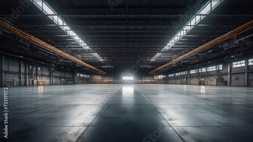 Empty floor, interior of industrial, commercial building. Construction by metal, steel, concrete. Modern factory, warehouse, hangar for backgroud.