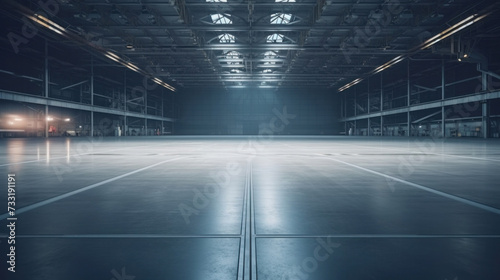 Empty floor, interior of industrial, commercial building. Construction by metal, steel, concrete. Modern factory, warehouse, hangar for backgroud. © Wararat