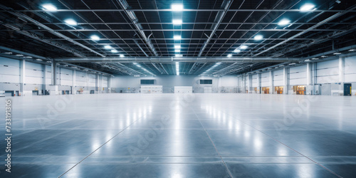 Empty floor  interior of industrial  commercial building. Construction by metal  steel  concrete. Modern factory  warehouse  hangar for backgroud.