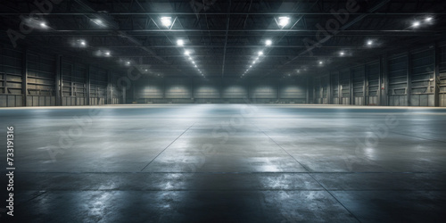 Empty floor, interior of industrial, commercial building. Construction by metal, steel, concrete. Modern factory, warehouse, hangar for backgroud.