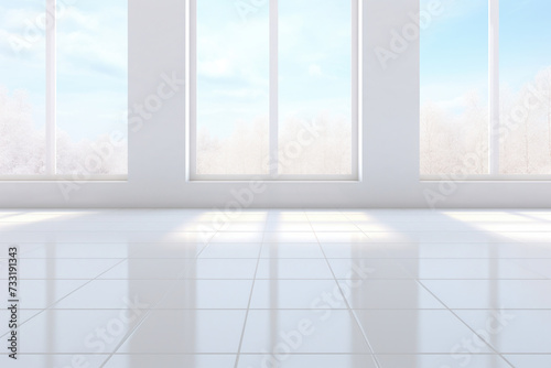 Empty space in room  window and light. Modern interior home design look clean  bright  shiny surface with texture pattern for background. white tile floor.