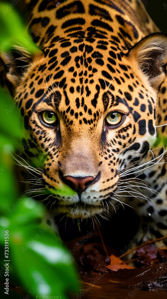 Portrait of a jaguar (Panthera Onca) in the jungle. Close-up
Portrait of a jaguar (Panthera Onca) in the jungle. Close-up