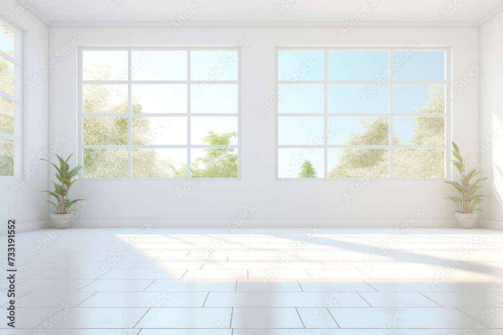 Fototapeta premium Empty space in room, window and light. Modern interior home design look clean, bright, shiny surface with texture pattern for background. white tile floor.