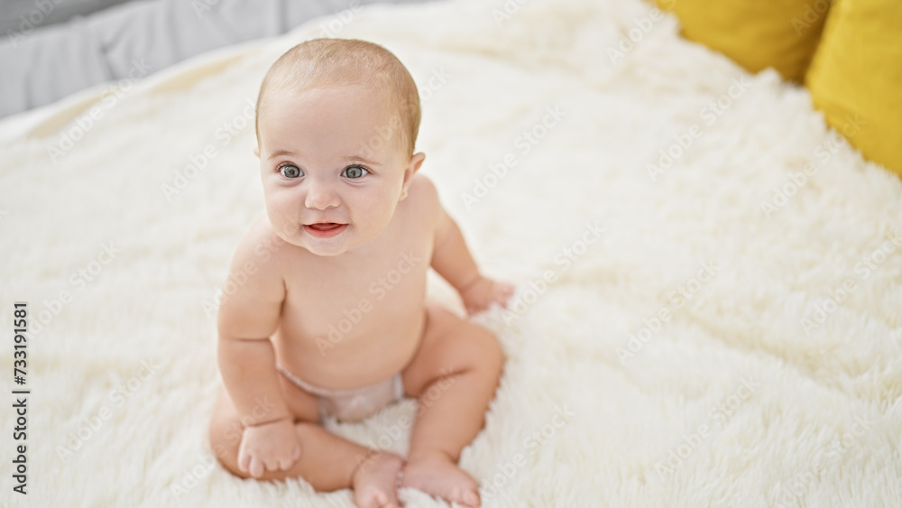 Adorable, confident baby smiling away, blissfully sitting on the bed, enjoying a relaxed morning indoors, basking in the comfort of the bedroom Adorable, confident baby smiling away, blissfully sitting on the bed, enjoying a relaxed morning indoors, basking in the comfort of the bedroom