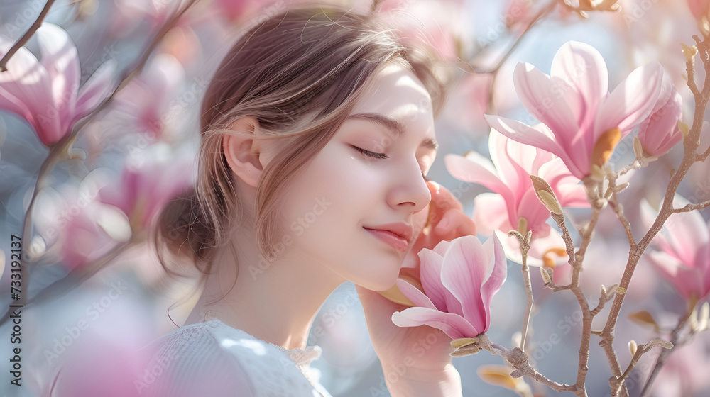 Fototapeta premium A beautiful young woman posing against a backdrop of delicate spring magnolia flowers