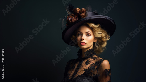 Portrait of an aristocratic woman in an elegant broad-brimmed hat and luxurious dress. Beauty, fashion. Generative AI