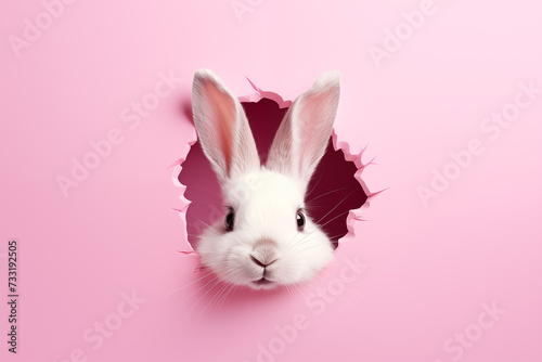 Easter bunny peeps out of the hole on pastel pink background