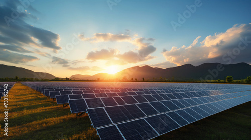 Field or solar power plant consist of photovoltaic cell in panel, landscape. Industry and technology for electric, electricity generation. Clean green power energy. photo