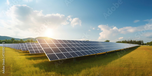 Field or solar power plant consist of photovoltaic cell in panel, landscape. Industry and technology for electric, electricity generation. Clean green power energy.