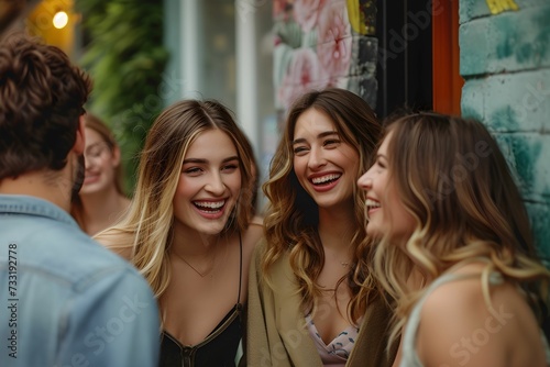 A group of young adults is engaged in a joyful and animated conversation on a vibrant city street, sharing a moment of laughter.